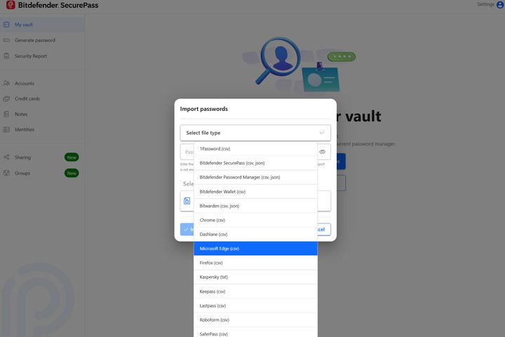 Bitdefender SecurePass can import files from browsers and other password managers.