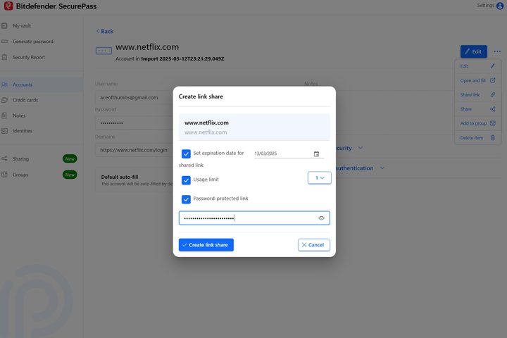 Bitdefender's SecurePass has advanced sharing options.