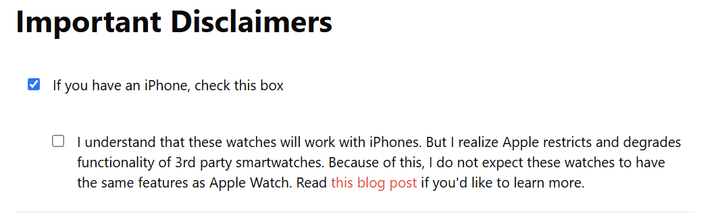 The iPhone disclaimer on the Core Devices store page.