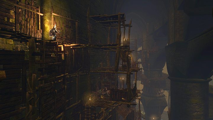 A knight walking into blighttown in dark souls.