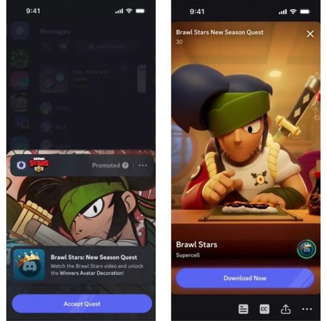 Ad for Brawl Stars plays as a Video Quest on Discord mobile app.