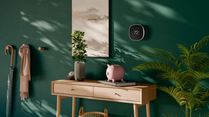 the Ecobee Smart Thermostat Essential on a green wall