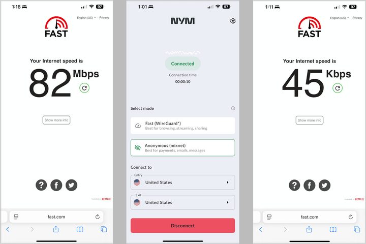 From right: native mobile speed, NymVPN set to anonymous mode, and speed with five hops.
