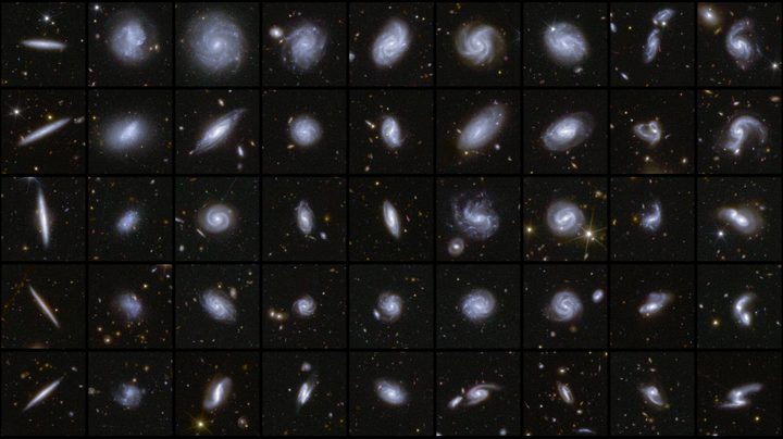 This image shows examples of galaxies in different shapes, all captured by Euclid during its first observations of the Deep Field areas. As part of the data release, a detailed catalogue of more than 380 000 galaxies was published, which have been classified according to features such as spiral arms, central bars, and tidal tails that infer merging galaxies.