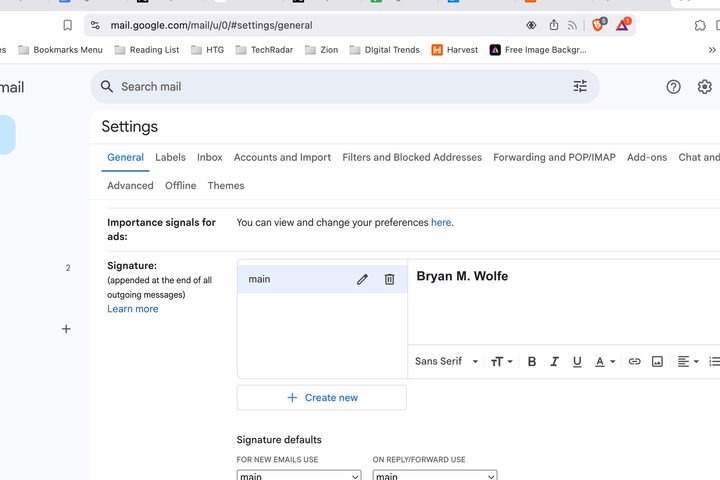 Gmail signature setting on web.