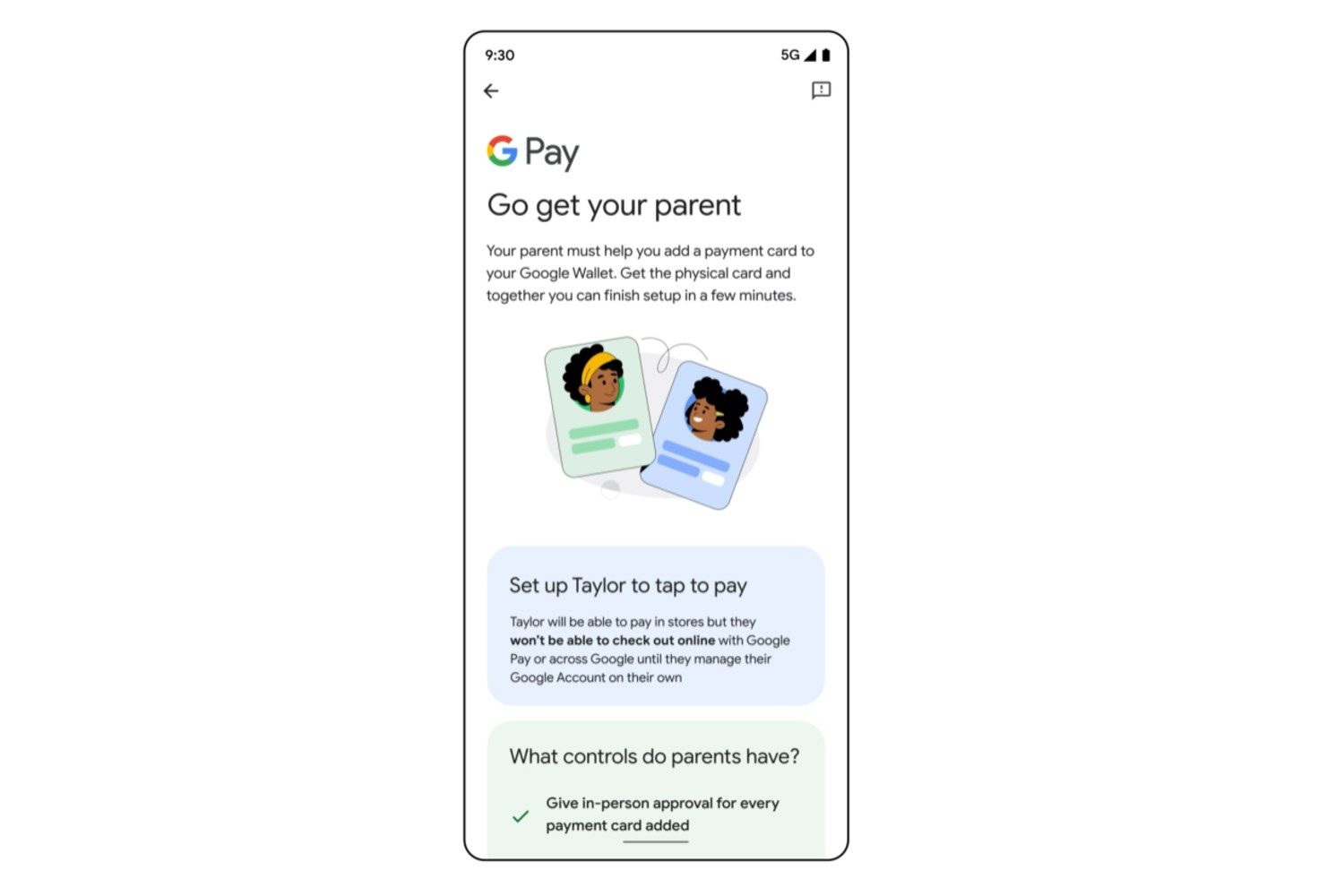 Google Wallet screen asking a child to get their parent's help in adding a card for tap-to-pay.