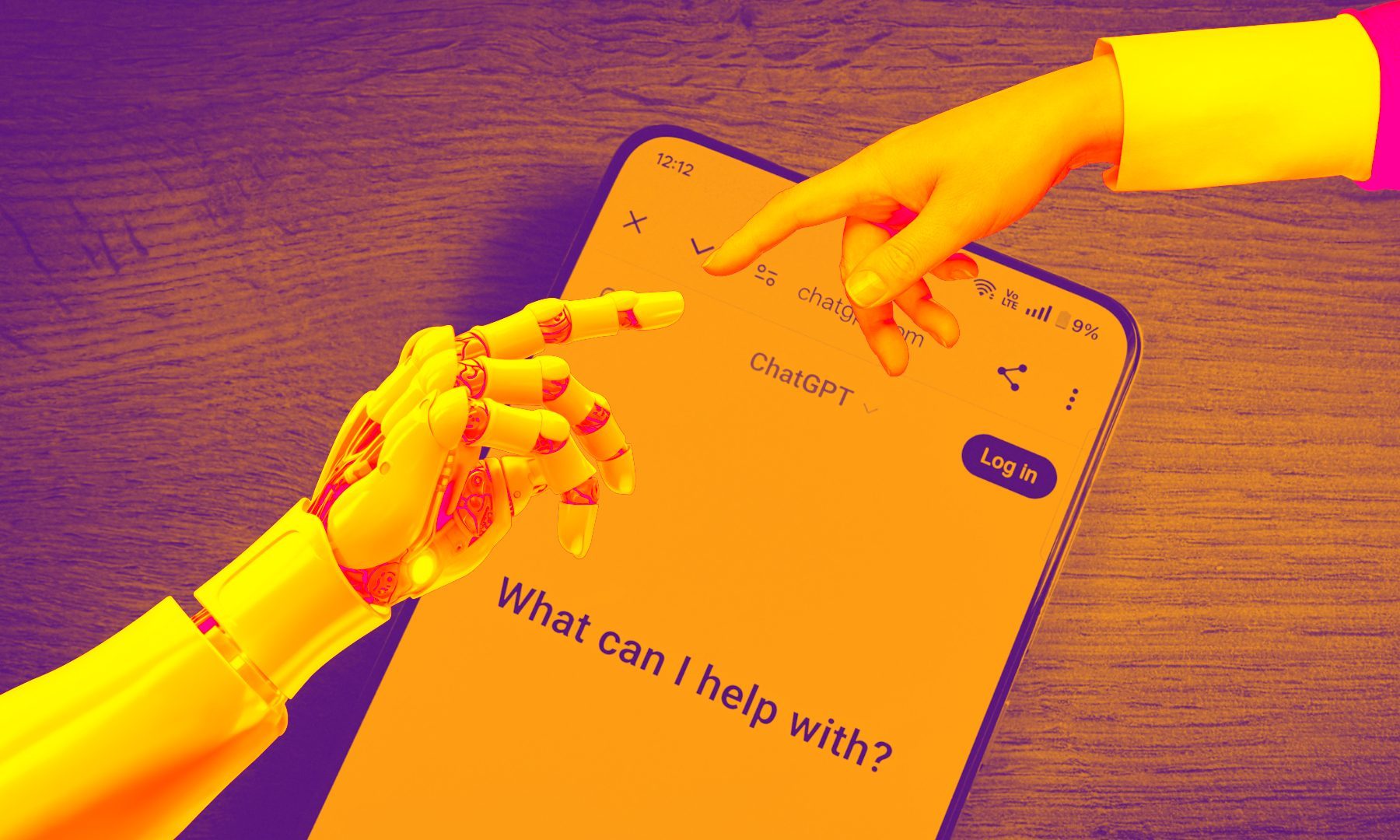Human and robot hand over ChatGPT.