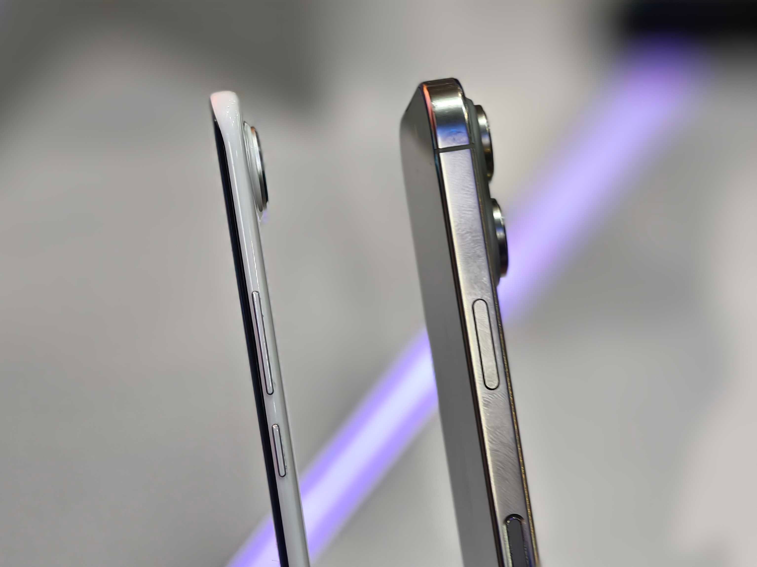 Tecno Spark Slim and iPhone 16 Pro side by side.