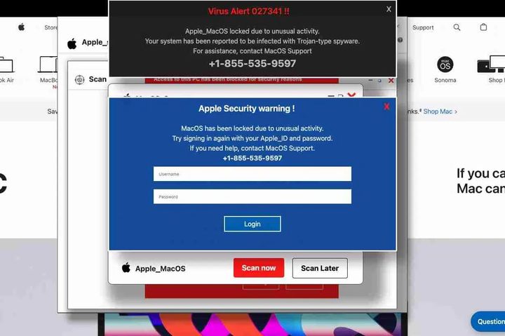 A fake popup on a phishing website designed to impersonate Apple's official site.