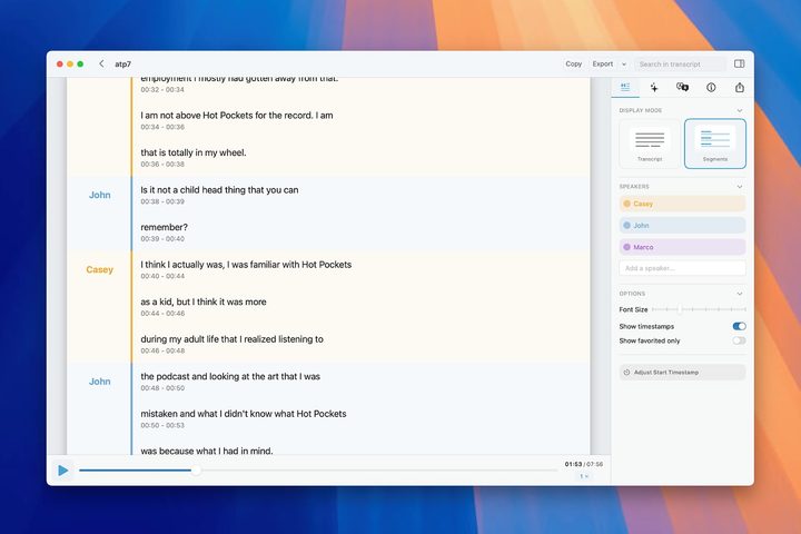 The MacWhisper app in macOS showing a transcription, including speaker recognition.