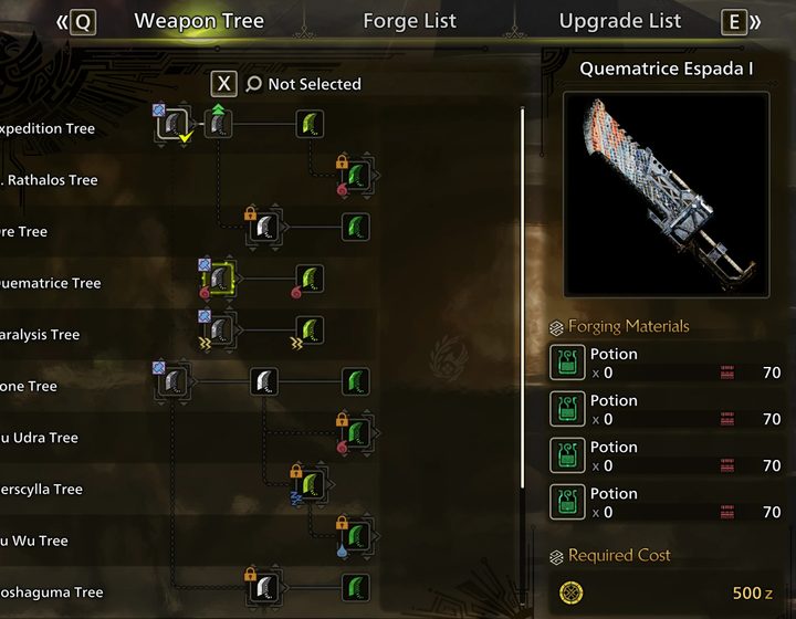 The crafting menu in Monster Hunter Wilds.