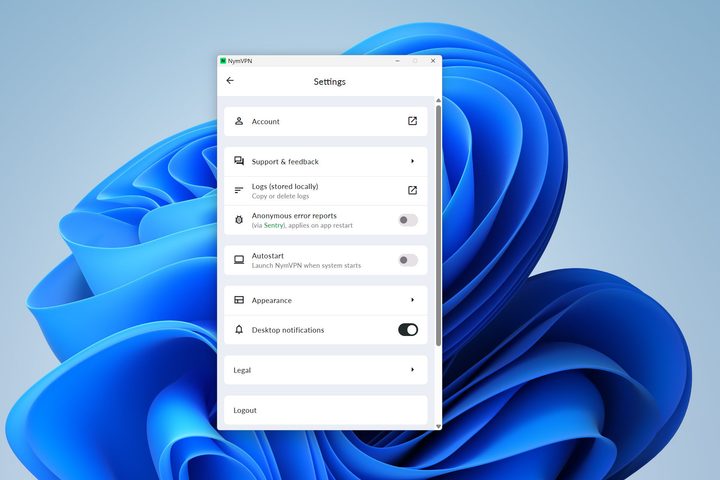 NymVPN only has a few options in settings.