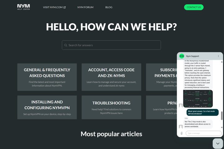 NymVPN's live chat was friendly and shared links and images to help explain.