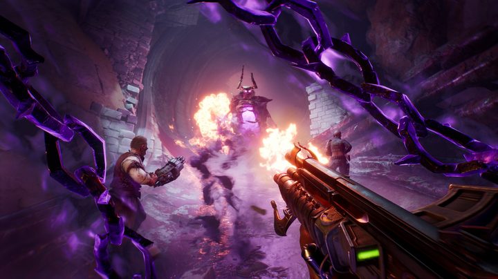 Three dudes shooting a demon in Painkiller.