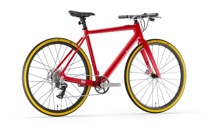 Ponomarets EIDOLON bespoke ebike in red, right rear three-quarter view.