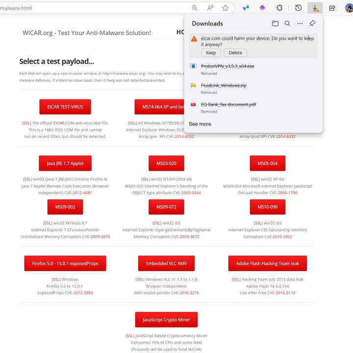 Proton VPN's NetShield blocks some malware but failed all 13 Wicar tests.