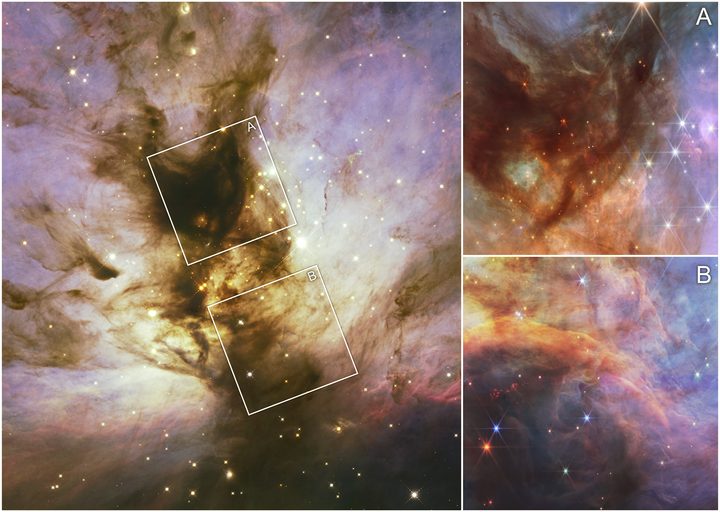 This collage of images from the Flame Nebula shows a near-infrared light view from NASA’s Hubble Space Telescope on the left, while the two insets at the right show the near-infrared view taken by NASA’s James Webb Space Telescope. Much of the dark, dense gas and dust, as well as the surrounding white clouds within the Hubble image, have been cleared in the Webb images, giving us a view into a more translucent cloud pierced by the infrared-producing objects within that are young stars and brown dwarfs. Astronomers used Webb to take a census of the lowest-mass objects within this star-forming region.