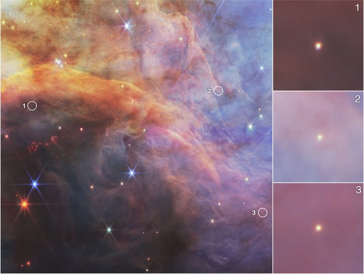 This near-infrared image of a portion of the Flame Nebula from NASA’s James Webb Space Telescope highlights three low-mass objects, seen in the insets to the right. These objects, which are much colder than protostars, require the sensitivity of Webb’s instruments to detect them. These objects were studied as part of an effort to explore the lowest mass limit of brown dwarfs within the Flame Nebula.