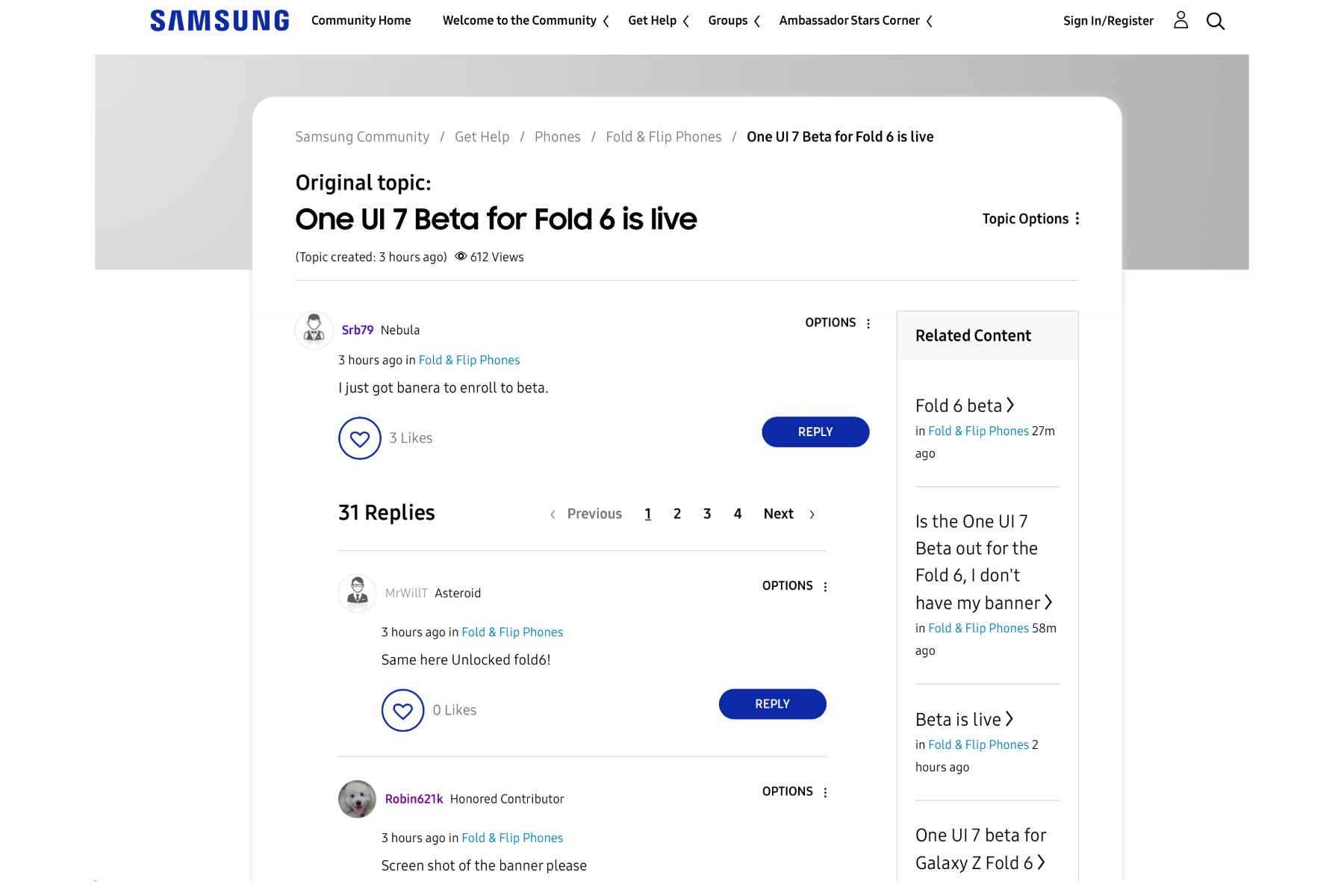 Samsung community posts about One UI 7 update.
