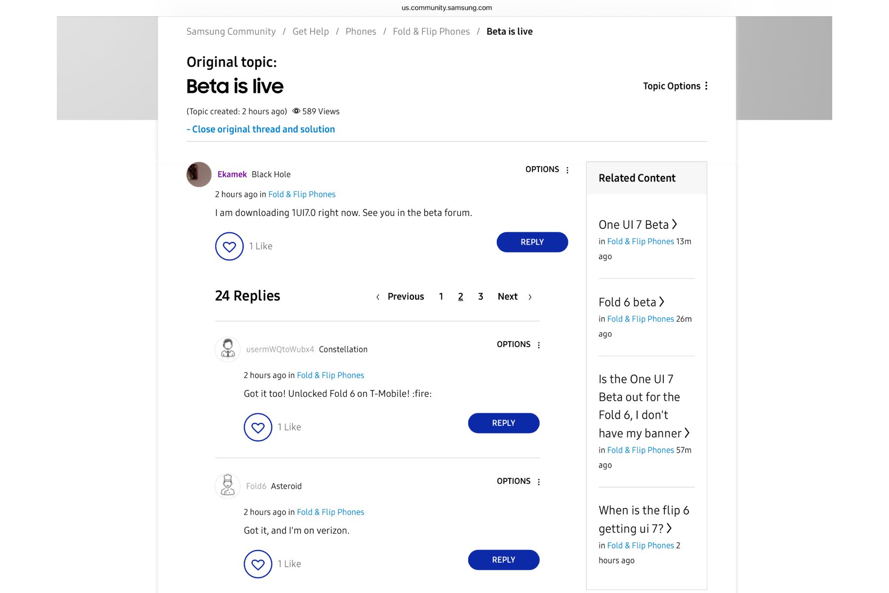 Reports of users receiving the One UI 7 beta update.