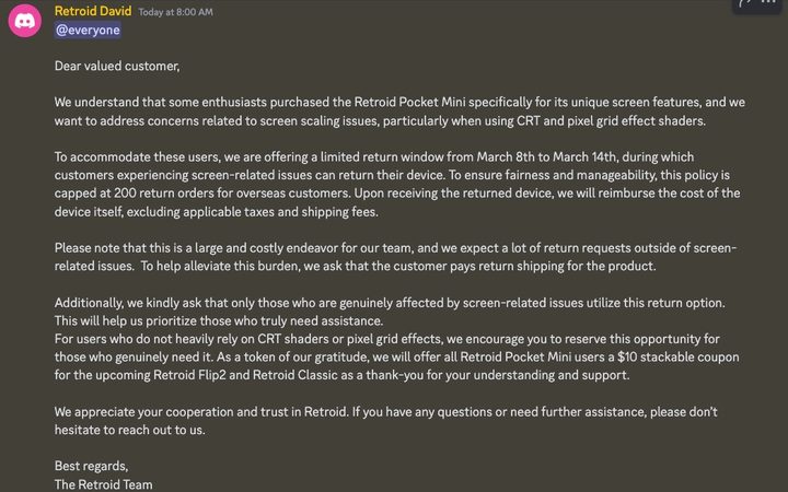Retroid Pocket Mini return announcement