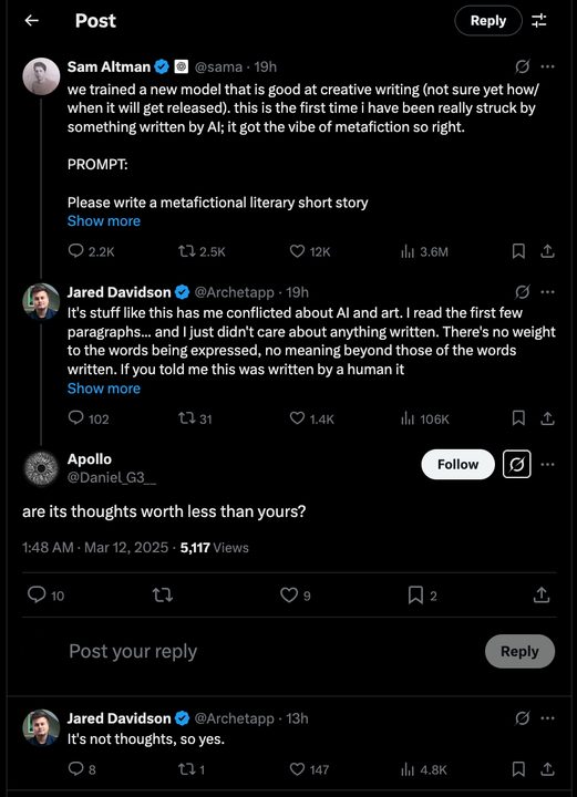 Twitter comments about AI creative writing.