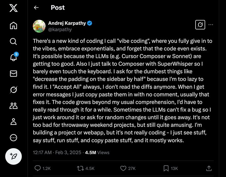 Andrej Karpathy vibe coding X post.