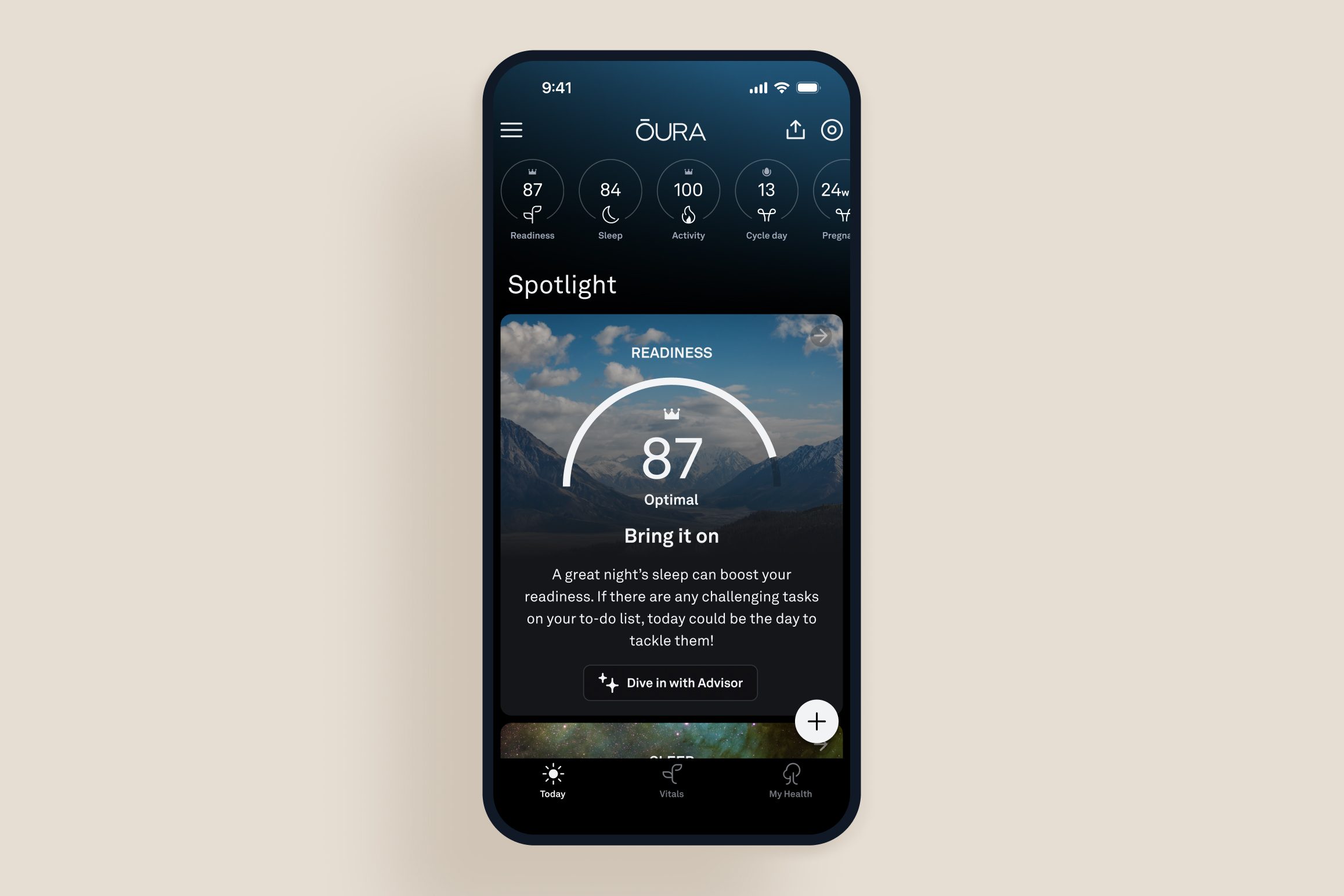 The Oura Spotlight screen on a smartphone.