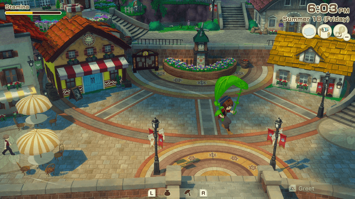 A figure glides above a town square on the wind.