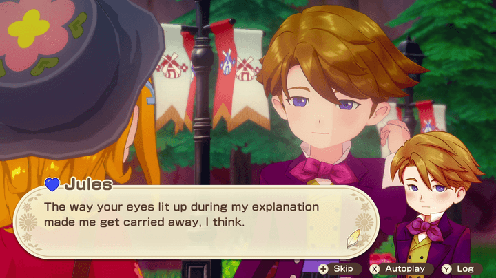 A girl faces a brown haired man. Dialogue reads "The way your eyes lit up during my explanation made me get carried away, I think."