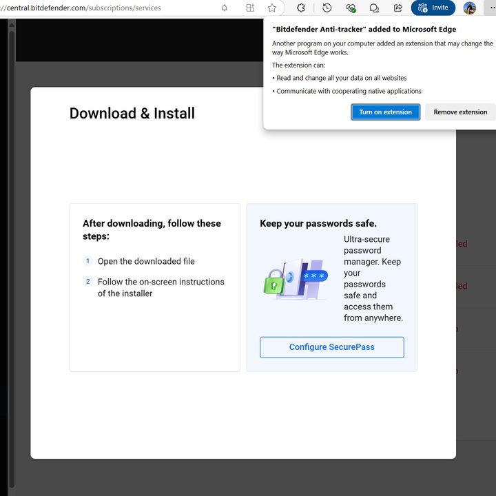 The Bitdefender installer adds the antivirus app and a blocking extension.