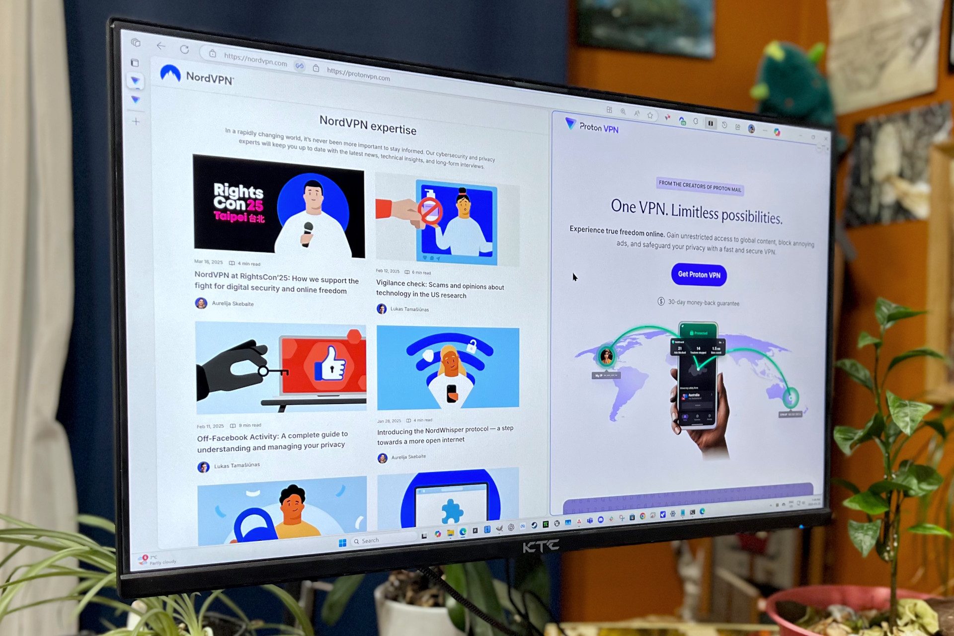 The NordVPN and Proton VPN websites are shown in a split-view on a PC monitor.