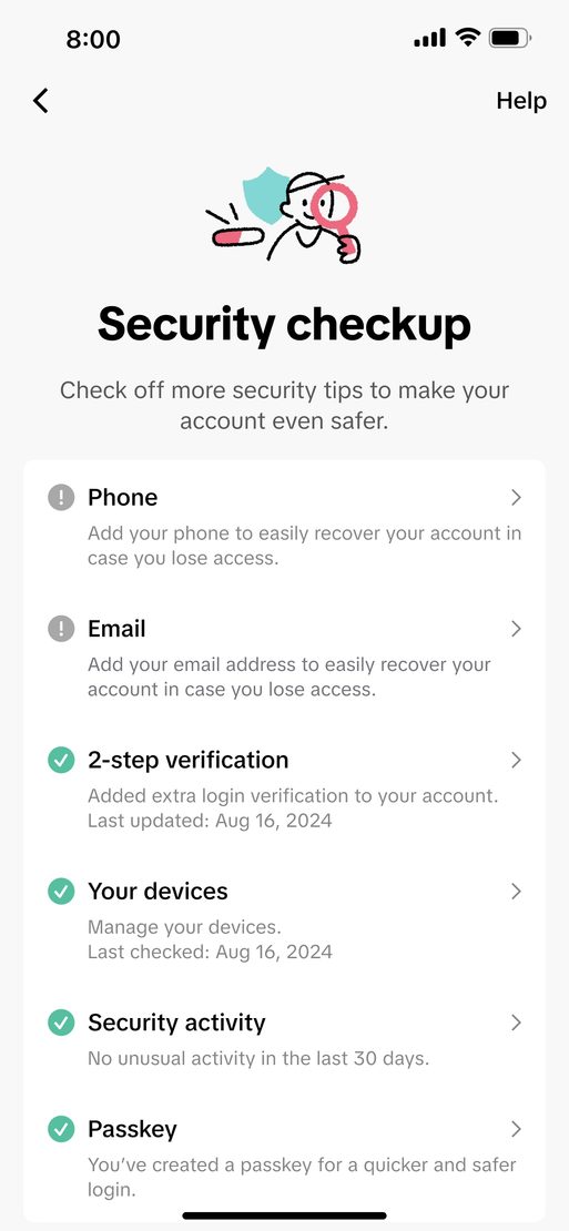TikTok Security Checkup checklist.