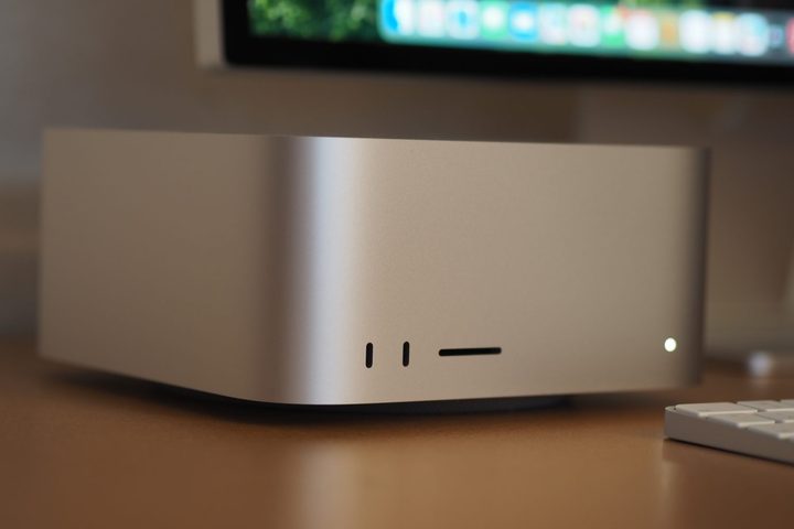 Apple Mac Studio 2025 front view showing ports and sides.