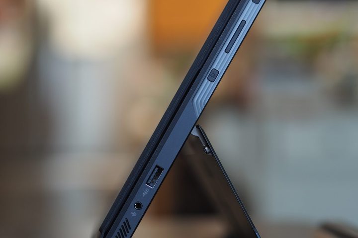 Asus ROG Flow Z13 side view showing ports and kickstand.