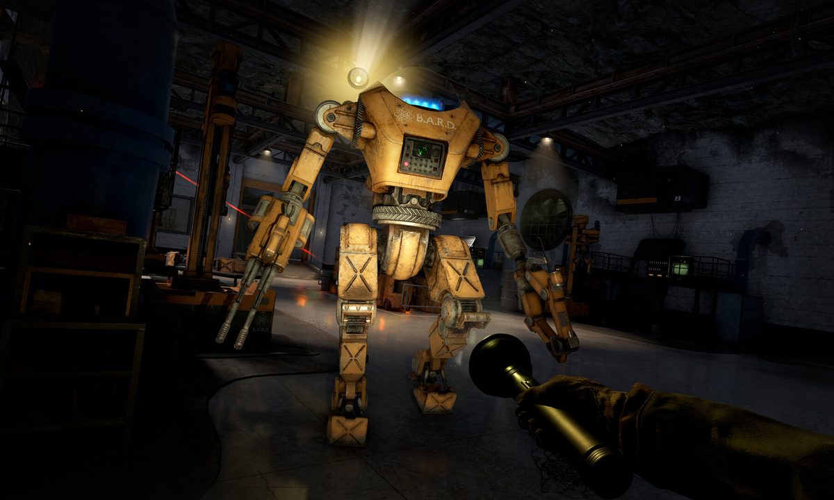 A flashlight shines a light on a robot in Atomfall.