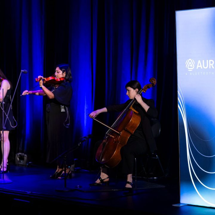 A string quartet performs at the Sydney Opera House for the launch of Auracast being available at the venue.