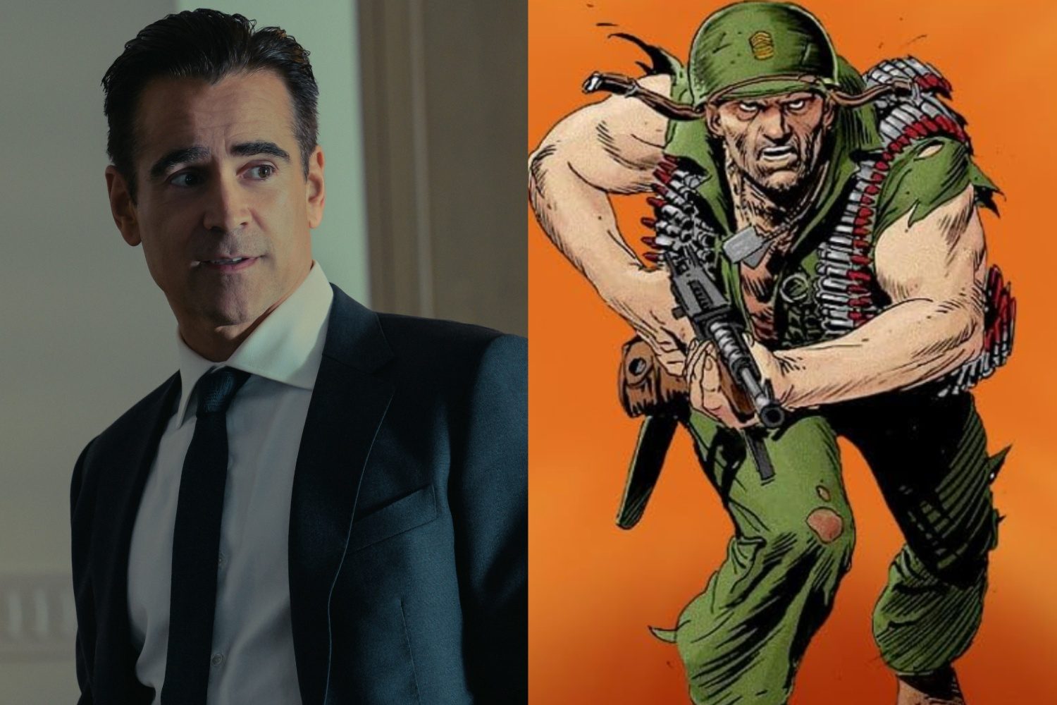 Colin Farrell smiles on the left as a soldier holds a gun on the right.