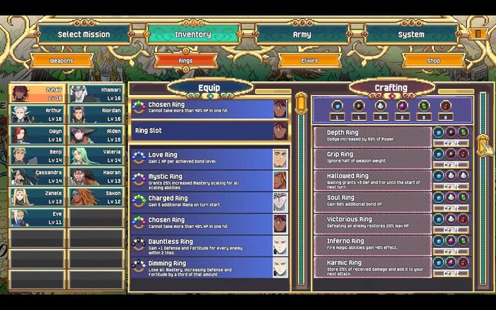 Dark Deity 2 character crafting equipment screen with rings and gems