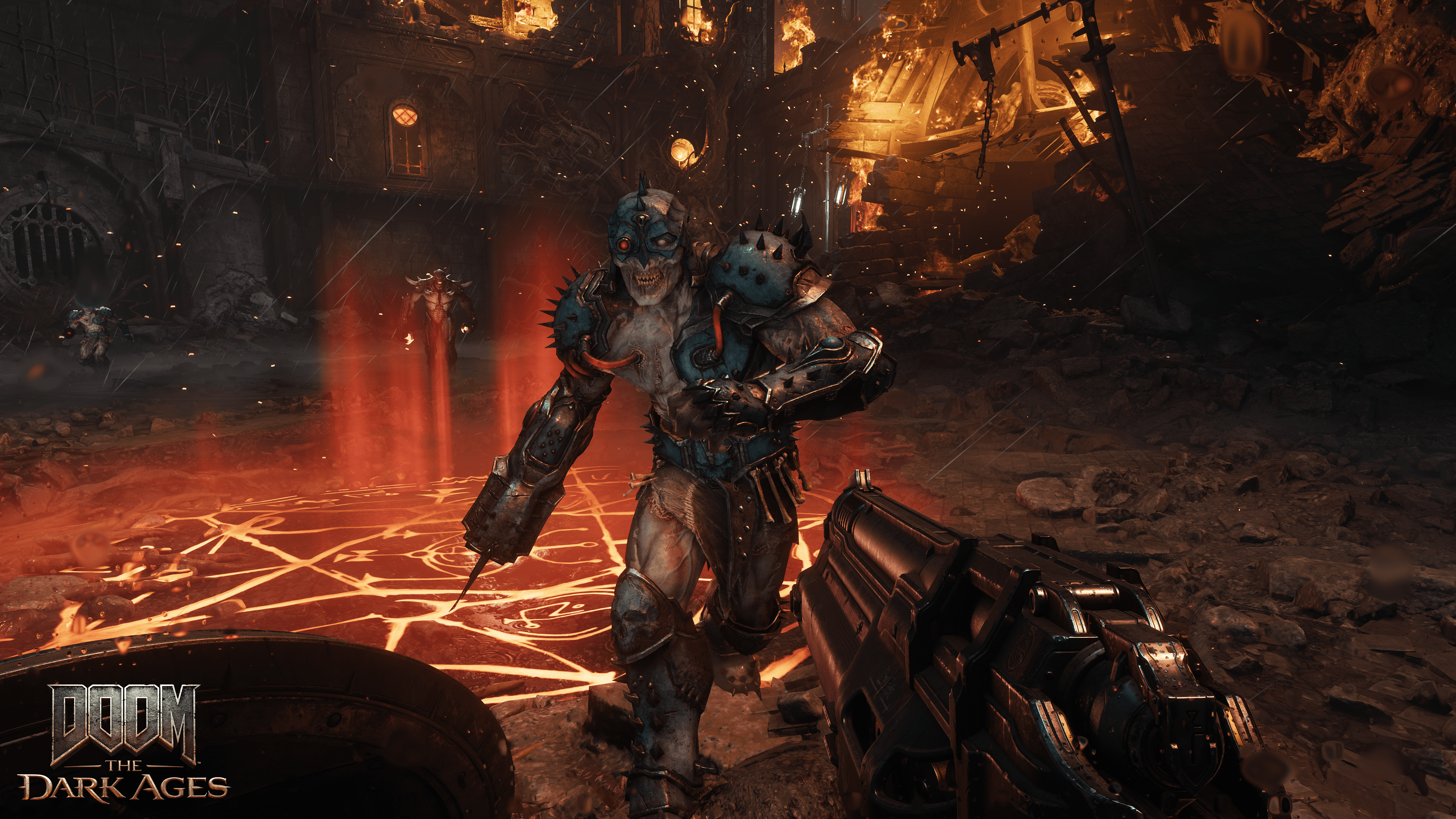 An armored demon runs towards the Doomslayer in Doom: The Dark Ages.