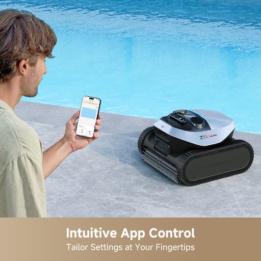 man using phone app to operate his robot pool clearner