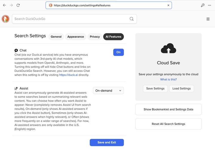 DuckDuckGo AI settings.