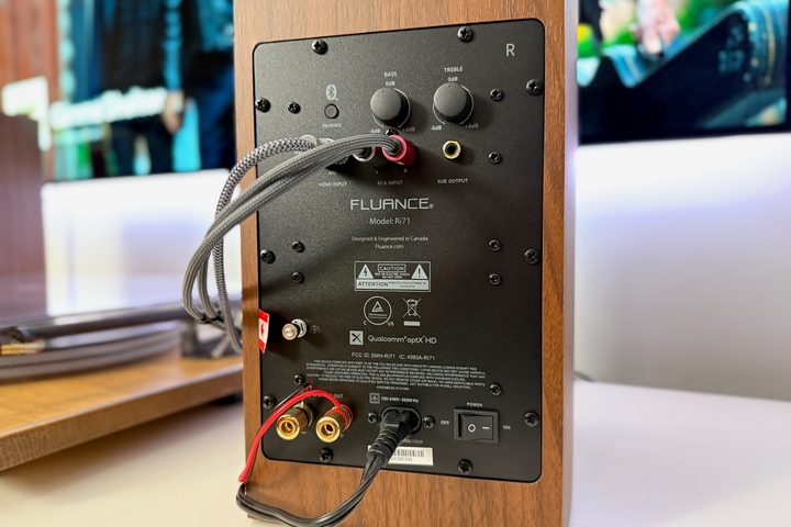 The rear of the active speaker of the Fluance Ri71 powered bookshelf speakers.