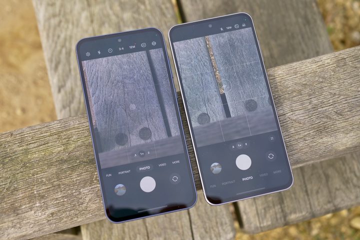 The Samsung Galaxy A56 and Galaxy A55's screens showing the camera apps.