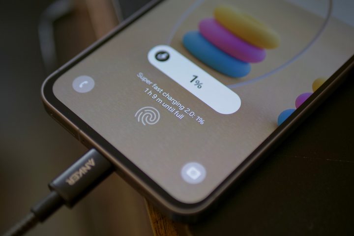 The Samsung Galaxy A56 on charge.