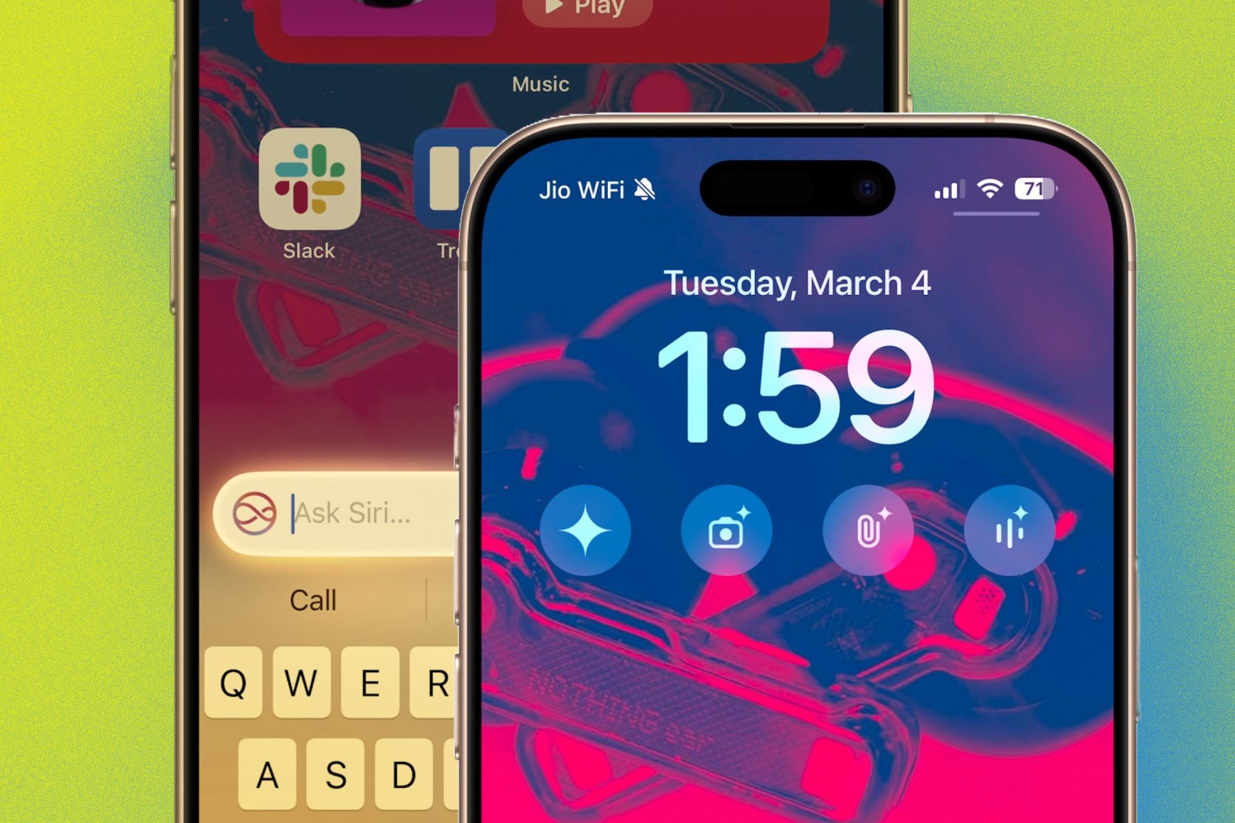 Siri in background and Gemini widgets on Lock Screen.