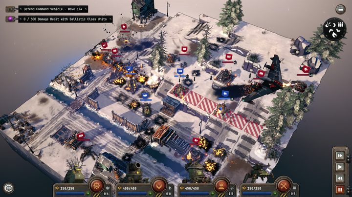 Robots fight on a battlefield in Grit and Valor 1949.