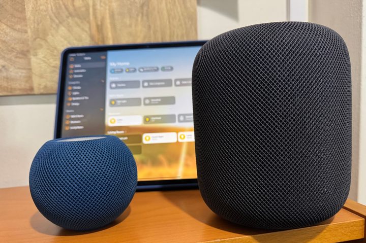 An Apple HomePod and HomePod Mini in front iPad on a wooden bookshelf.