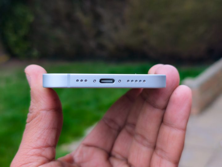 The USB-C port on the iPhone 16e in White