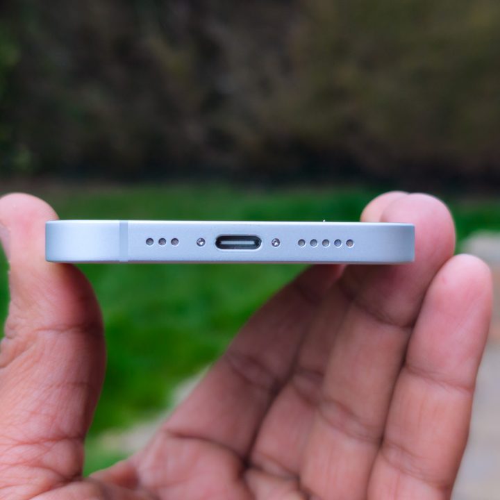 The USB-C port on the iPhone 16e in White
